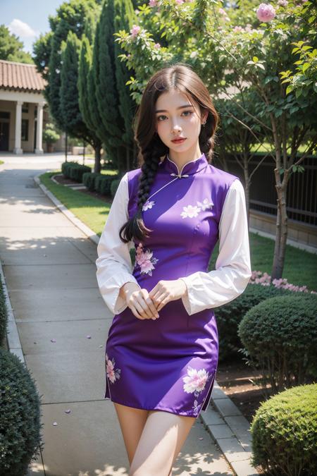 <lora:ChinaDressStyle1_Remake:0.8>, 1girl, (purple short china dress, thighs), long sleeves, (floral print, birds print), looking at viewer, long hair, twin braids, (upper body:0.8), standing, (cowboy shot),(masterpiece, high quality, best quality), (colorful),(delicate eyes and face), volumatic light, ray tracing, extremely detailed CG unity 8k wallpaper,solo, ((flying petal)), outdoors, town, path, ((flower)), sunshine, blue sky, clouds, houses, (cathedral), green plants,