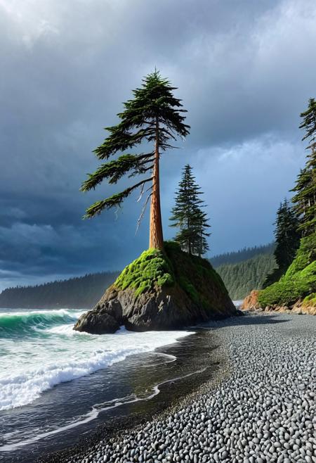 a photograph of a beach on the Pacific northwest coast, rocky pebble beach, a large looming evergreen cedar Forrest looming, the ocean is vibrant and crashing, deep vivid blues and greens, the sky is grey and clouds are heavy the sun is radiating however cutting through a break in the thick looming storm clouds, epic, realism, photo-realism, highest quailty, highest detail, professional, landscape, nature