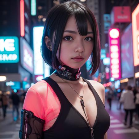 1girl, black eyes, black hair, cyberpunk, night, neon light