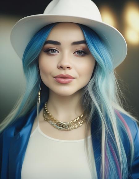 SabrinaCarpenter,<lora:SabrinaCarpenterSDXL:1>,Realistic photo of a beautiful woman, 1girl, solo, long hair, hat, jewelry, blue hair, jacket, multicolored hair, necklace, bracelet, lips, realistic, fashion, soft lighting, professional Photography, Photorealistic, detailed, RAW, analog, sharp focus, 8k, HD, DSLR, high quality, Fujifilm XT3, film grain, award winning, masterpiece