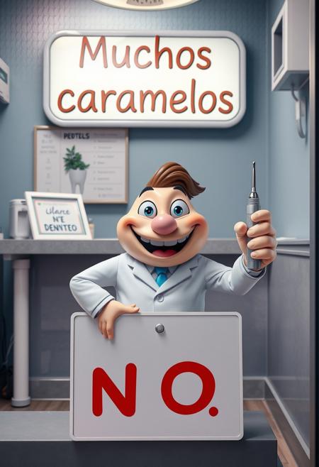 Sign sitting at a dentist office saying "Muchos caramelos, NO", a goofy toothed dentist stands with a drill in hand, 
CHRC4ND7