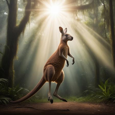 Kangaroo jumping in the rainforest, sun halo background, very realistic photography