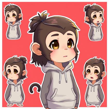 monkey, vtuber, anthro, male, , cute, multiple views, ,border ,simple background red hoody, chibi, half-length portrait, long hair, hair bun,