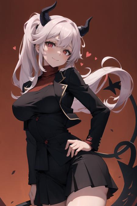 beautiful, (masterpiece:1.2), (best quality:1.2), perfect eyes, perfect face, perfect lighting, 1girl, :>, black horns, black jacket, black skirt, black suit, black tail, blush, breasts, demon girl, demon horns, demon tail, formal, heart, heart-shaped pupils, horns, jacket, large breasts, long sleeves, looking at viewer, medium hair, red background, red eyes, red sweater, ribbed sweater, skirt, smile, solo, suit, sweater, symbol-shaped pupils, tail, turtleneck, white hair, v arms