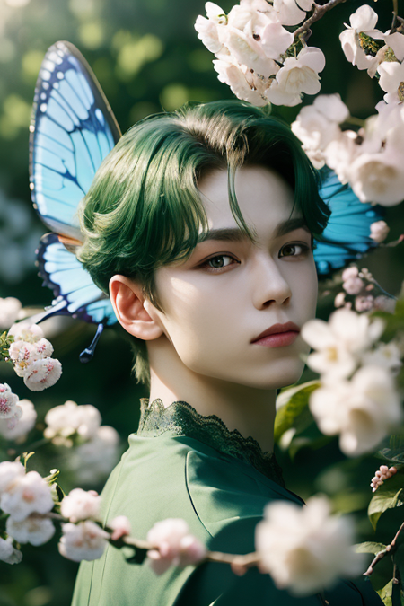 1boy,(alluring fairy, up close,looking at viewer:1.2) 8k, intricate, elegant, highly detailed, green eyes, majestic, digital photography, (masterpiece, sidelighting, finely detailed beautiful green eyes: 1.0), hdr, blurry, blurry foreground, blurry background, branch, cherry blossoms, depth of field, motion blur, photo_background, solo, tree, vibrant details, luxurious, absurdres, incredibly absurdres, (realistic, photo-realistic:1), finely detail, best quality, lace, hyperrealistic, anatomical, elegant, blue butterfly