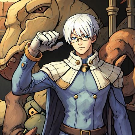 (masterpiece:1.2, best quality), Kiel-D01, 1boy, white hair, medium hair, blue suit, monster, serious, looking at viewer, round-framed glasses <lora:Kiel:0.65>  <lora:OldROStyle-000008:0.7>