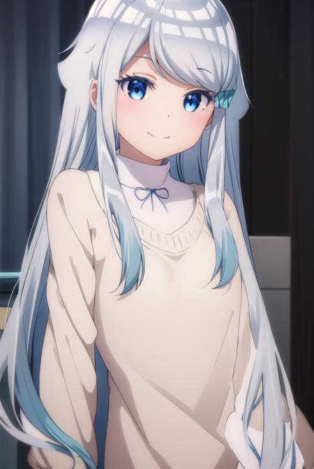 nayutakani, <lora:nayuta kani s1-lora-nochekaiser:1>,
nayuta kani, long hair, blue eyes, white hair, hair ornament, ahoge, scrunchie, hair scrunchie, blue scrunchie, smile, blush, smug,
BREAK sweater, long sleeves, ribbon, 
BREAK indoors,
BREAK looking at viewer, (cowboy shot:1.5),
BREAK <lyco:GoodHands-beta2:1>, (masterpiece:1.2), best quality, high resolution, unity 8k wallpaper, (illustration:0.8), (beautiful detailed eyes:1.6), extremely detailed face, perfect lighting, extremely detailed CG, (perfect hands, perfect anatomy),