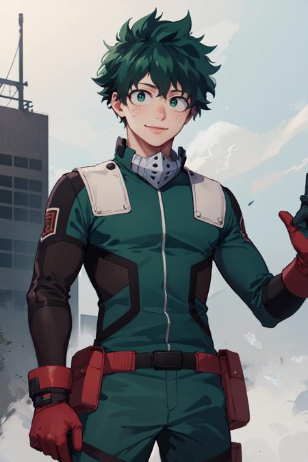 (masterpiece, best quality:1.2), <lora:mha_midoriya-10:1>, cowboy shot, solo, male focus, 1boy, midoriya izuku, smile, looking at viewer, short green hair, green eyes, green bodysuit, gloves