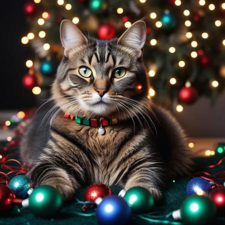 photography very realist of cat with lots of Christmas lights and Christmas balls around him, Christmas decor background