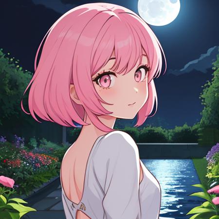 1gril,pink hair,pink,garden,water,from behind,moonlight,night,cute,look back, best quality,4k,2D,flat art,high quality,face detailed,detailed,hair detailed, masterpiece, best quality,4k,high quality,face detailed,detailed,hair detailed,simplified