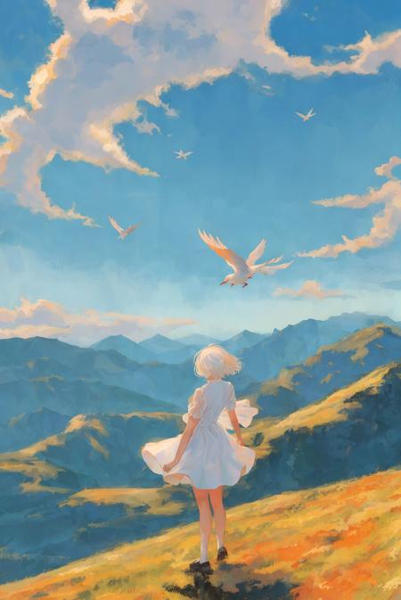 1girl, sky, cloud, bird, blue sky, solo, english text, day, dress, wide shot, flying, border, outdoors, short hair, white hair, white bird, orange dress, scenery
<lora:huafeng:0.8>