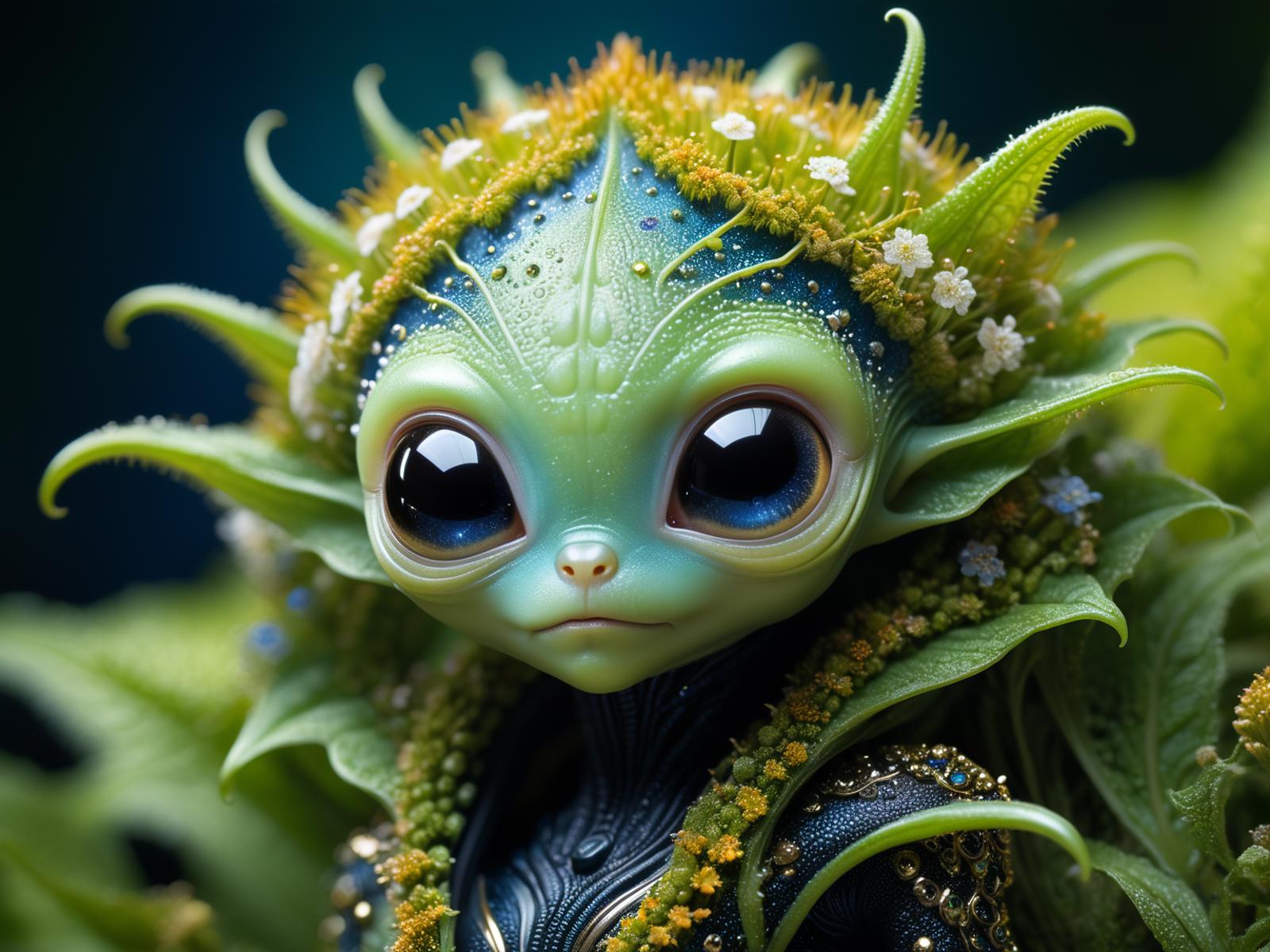 A small green creature with blue eyes and a blue crown of flowers on its head.