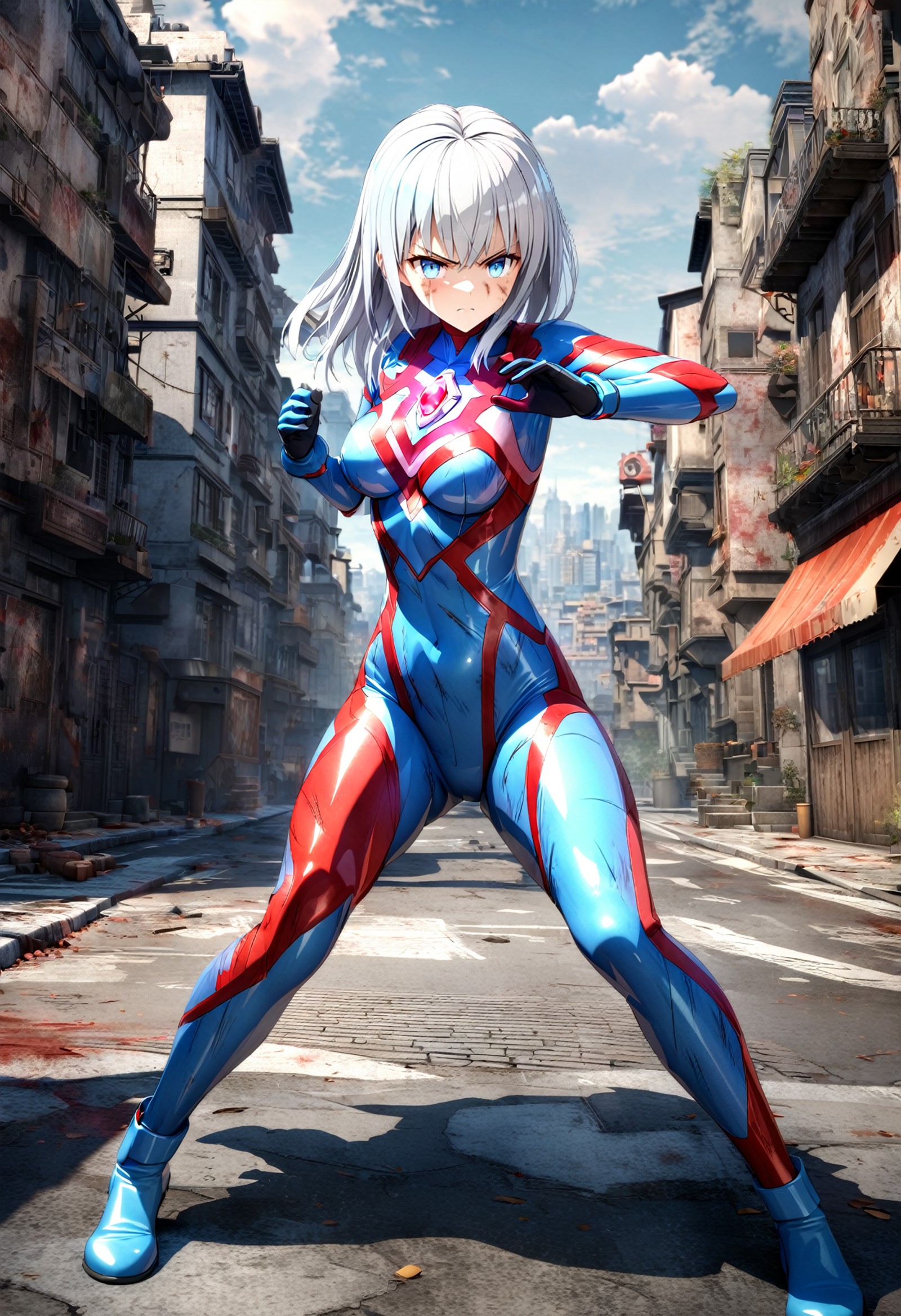 ultragirl, full body, (standing :1), fighting stance, (serious :1.0), (a flashing red gem on chest :1), red silver blue in...