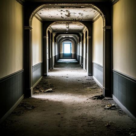 RAW photo, screaming creature at the end of hallway, 8k uhd, dslr, soft lighting, high quality, film grain, Fujifilm XT3, Masterpiece, photorealistic, abandoned hospital, looking down hall way,