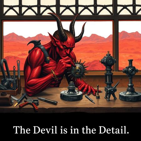a red skinned demon, a look of intense concentration on his face, sits at his workbench as he makes a fine adjustment to the delicate mechanism in his hands. To one side of his bench his precision tools are neatly sorted and on the other several mysterious mechanical  devices are set out, in the background a large window looks out over a barren red desert and low hills. At the bottom a line of text "The Devil is in the Detail"