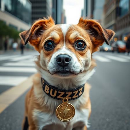 cute dog on street with BUZZ written on collar ribbon, lightning bolt symbol on a gold medallion attached to collar, looking at viewer, city background