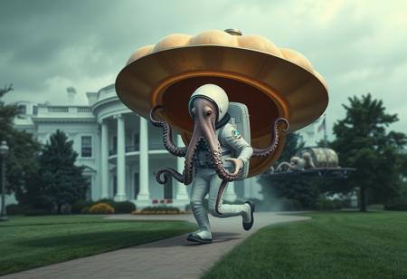 octopus in an astronaut uniform walking out of a conk shell UFO in front of the white house with mermaid runes on his ship.