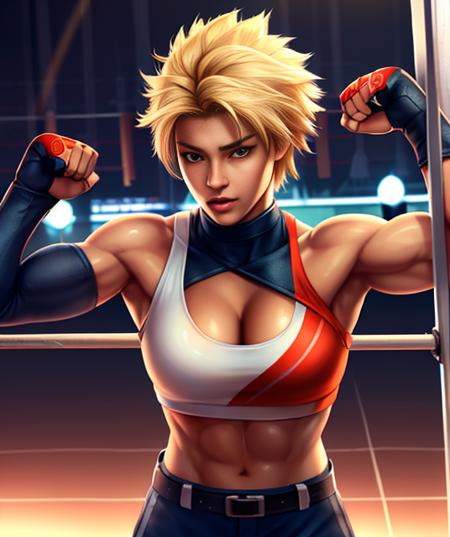 Shina,spiked blonde hair,muscular,abs ,blue eyes, tanned skin,  standing,serious expression,  close up, closed fists, 
ShiGea,red crop top,fingerless gloves ,cropped long sleeved jacket,belt,boots, dark blue attire,cleavage,
steel cage arena, lights, moonlight, 
(insanely detailed, beautiful detailed face, masterpiece, best quality) detailed eyes,  cinematic lighting,   <lora:Shina:0.8>