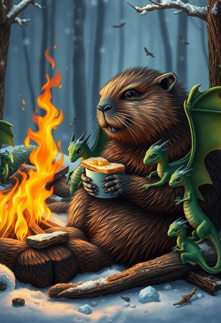 Realistic beaver sitting nearby  a  big campfire and  eating a sandwich with cheese  and holding a cup of tea, sitting with a group of little green dragons with dark green wings , with details, snow, snowy, winter forest, vivid colors, details seen under an electron scanning microscope