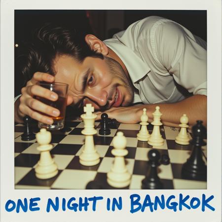 a blurry stained, creased 1970s polaroid photo of A drunk tough looking rough red-eyed weeping white man with his eyes closed, drooling on the board, laying on a chessboard looking down at the board, the pieces scattered, his head on the board sideways and a whisky in a dirty glass in his hand. some pieces are standing. most of the chess pieces are knocked over. this is a man hitting rock bottom. the pieces are all knocked over. Bangkok streets at night; on the bottom of the polaroid is a description of the item; the polaroid is a soft, blurry, low quality image with bright flash photography; below the image is written in messy smeared BLUE pen: "ONE NIGHT IN BANGKOK"