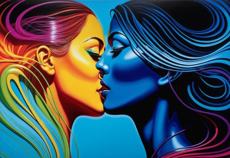 Surreal, Centered, no people and no animals, paint an abstract impression of a woman's love for her wife using energy waves of high contrast vibrant colors, Face Fix