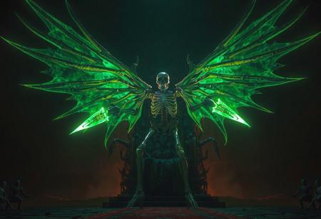 A expert detailed Epic Orcust Cymbal Skeleton, ethereal green glow, majestic bone wings extended, dynamically holding twin glowing energy guns, standing before a grim Necrovalley Throne, dark fantasy atmosphere, dramatic low angle perspective, looking up, cinematic lighting, volumetric mist, highly detailed, octane render, unreal engine 5, splash ink illustration, trending on Artstation, CGSociety, golden ratio composition, 4k, high resolution.