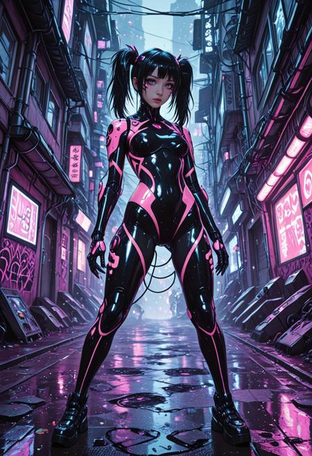 portrait shot of an anime emo girl with black and pink twin tails, partial cybernetic body with exposed skin and high-tech implants on arms, legs, spine, asymmetric bodysuit in black and pink latex with cutouts revealing biomechanical interfaces, glowing wires under skin, rainy neon-lit cyberpunk alley, reflective ground, chaotic graffiti, cinematic lighting, absurd detail, masterpiece, ultra high resolution, futuristic, cyber fantasy, biomechanic, mobe-cybideen, <lora:CyberBioDetailEnhancerV1:0.70>,