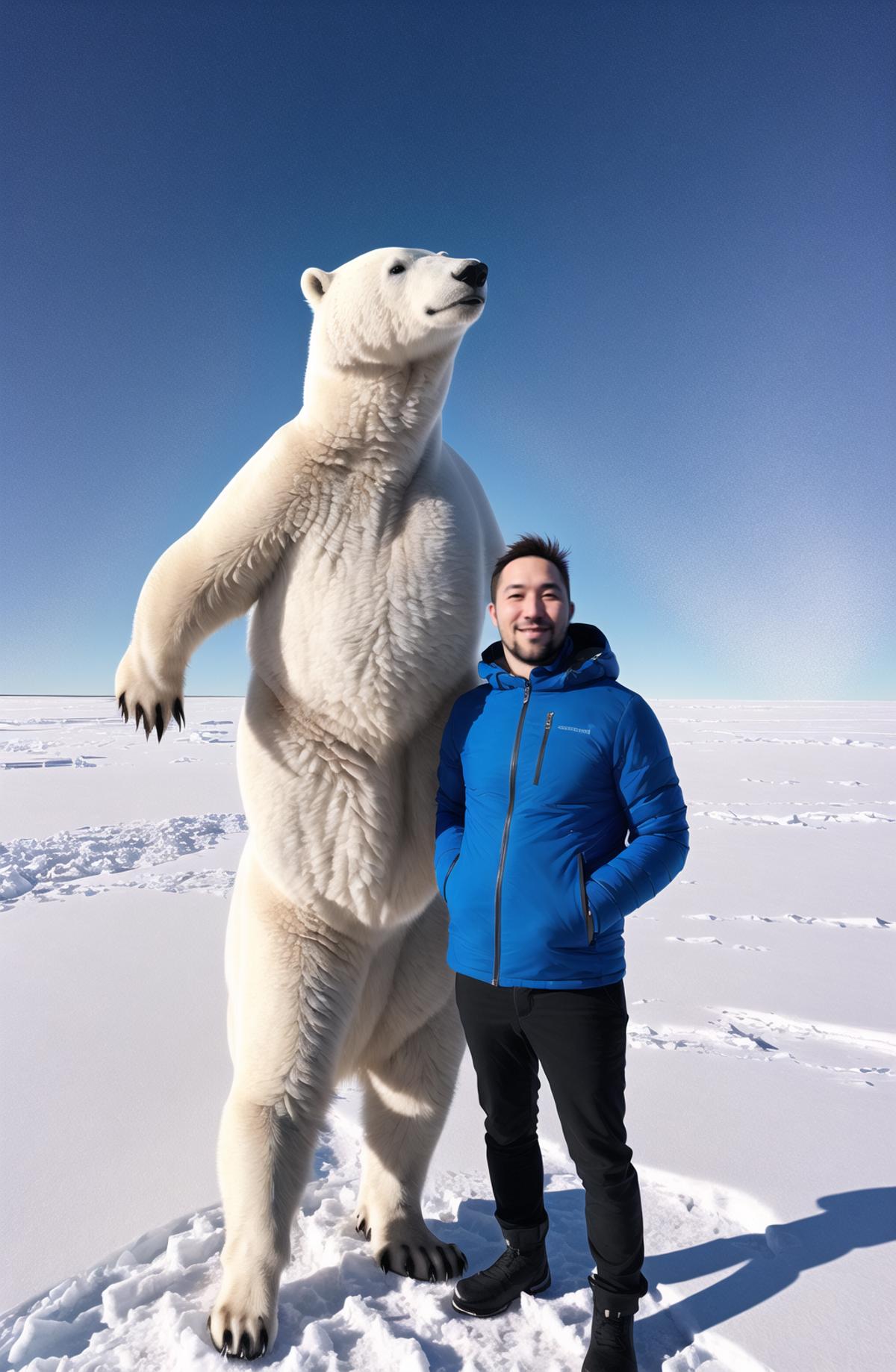 A man standing next to a giant stuffed polar bear.