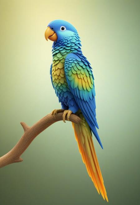 Create a highly detailed 3D rendering of a small parrot made from semi-transparent, crystalline material, with intricate hexagonal patterns on its body. The parrot's body reflects and refracts light, creating a shiny, metallic blue and amber color palette. Its wings have smooth gradients from amber to gold, giving a luminous and ethereal feel. The parrot is perched delicately on a natural, textured wooden branch, with gold accents on its legs and claws. The background is softly blurred with shades of green, suggesting a natural outdoor environment, allowing the parrot's reflective surface to stand out vividly