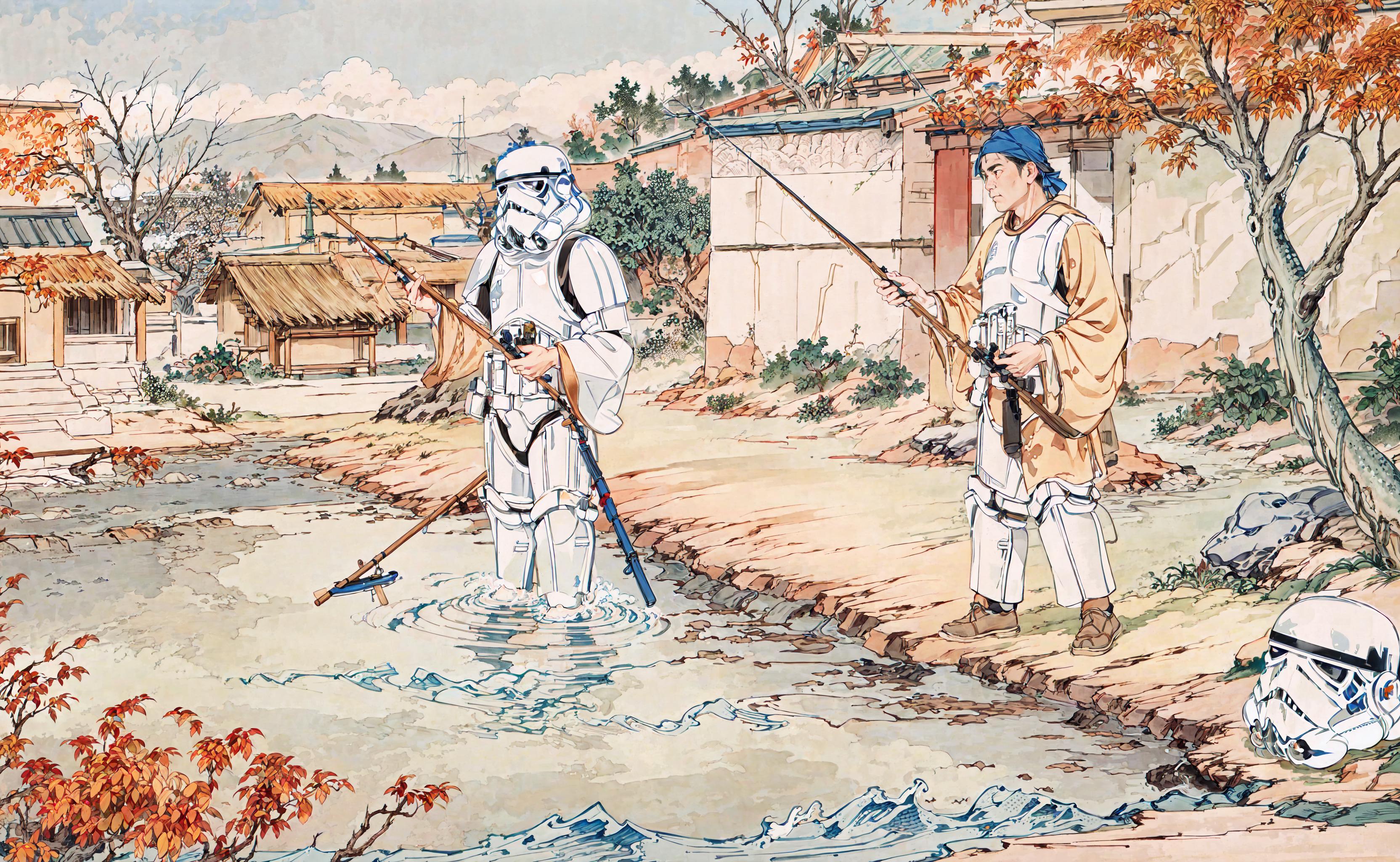A painting of two stormtroopers fishing in a river.