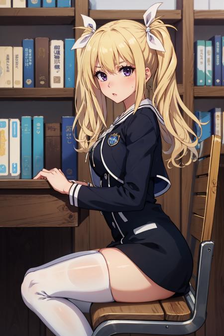 masterpiece, best quality, arimura hinae, purple eyes, hair ribbons, black jacket, black dress, white thighhighs, library, looking at viewer, sitting, from side, surprised <lora:arimurahinae-nvwls-v1-000010:0.9>