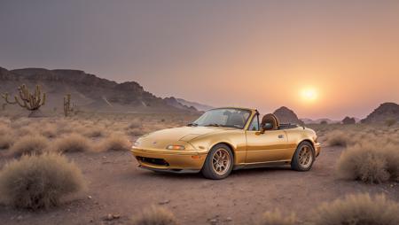 side view photo of gold MazdaMiata in a desert at sunrise, convertible top down, high quality photo, lens flare, bokeh, 8k resolution, gobo lights, warm ambient light, volumetric light, neon lights, depth of field, analog, foggy atmosphere,  <lora:MazdaMiatav1:.8>,  <lora:analogdiffusion_Lora300:.2>