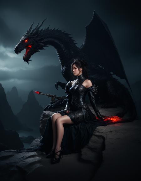 Gothic style a woman with a dragon on her back sitting on a rock with a dragon on her arm and a sword in her hand,<lora:Waifu Style-Du Qiong-000008:0.4>,Du Qiong,waifu_1girl,de stijl,<lora:volumetric lighting:1>,Alfred Manessier,volumetric lighting, . Dark, mysterious, haunting, dramatic, ornate, detailed