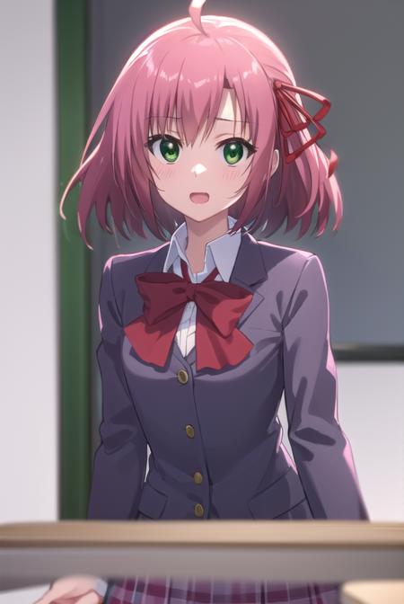 kurimusakurano, <lora:kurimu sakurano s2-lora-nochekaiser:1>,
kurimu sakurano, short hair, ribbon, (green eyes:1.3), hair ribbon, pink hair, ahoge, smile, open mouth,
BREAK skirt, school uniform, plaid, plaid skirt, shirt, white shirt, collared shirt, jacket, long sleeves,
BREAK indoors, classroom,
BREAK looking at viewer, (cowboy shot:1.5),
BREAK <lyco:GoodHands-beta2:1>, (masterpiece:1.2), best quality, high resolution, unity 8k wallpaper, (illustration:0.8), (beautiful detailed eyes:1.6), extremely detailed face, perfect lighting, extremely detailed CG, (perfect hands, perfect anatomy),