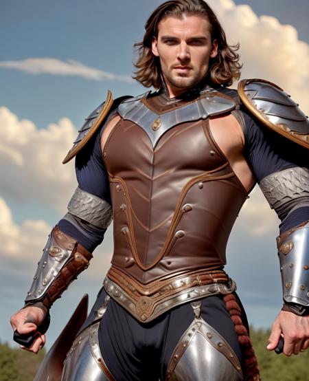 ((best quality)), detailed, ((attractive but tasteful)) warrior man, (((wearing Victorian-era armor))), ((fantastic pose)), ((flexed body)), ((a touch of sensuality)),((background: a sky full of clouds)), ((discreet lighting)).