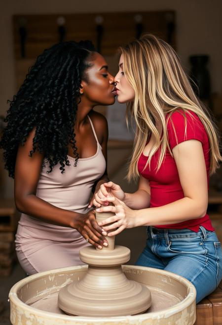 A highly detailed and artistic photo of two young women working together at a pottery wheel.
One woman is black with long curly hair, she is wearing a form fitting summer dress. The other woman is white with long blonde hair, she is wearing jeans and tight fitting red top. 
Their hands are working together on the clay.
The women are leaning towards each other to exchange a romantic kiss.
The atmosphere is warm and tender. The lighting is soft.
