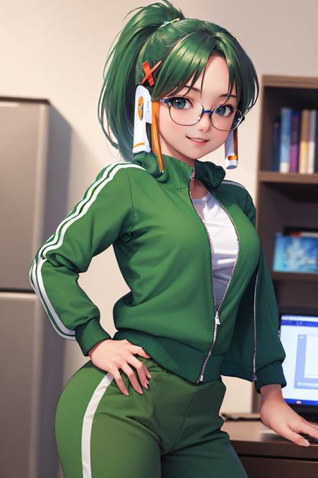 (masterpiece, best quality:1.2), cowboy shot, solo, 1girl, xphome-tan, smile, looking at viewer, hands on hips, ponytail, hair ornament, glasses, green track jacket, green track pants <lora:os-tan_xphome-tan:1.0>