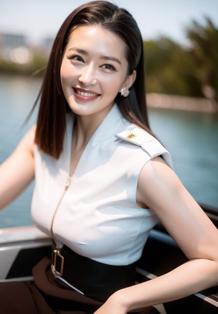 best quality, ultra high res, (photorealistic:1.4), colored eyelashes, 1 girl, (japanese police uniform:1.4), dark hair,earrings,black pencil skirt,( black leagwear:1.3),parted lips,river,bridge,lipstick, light smile,