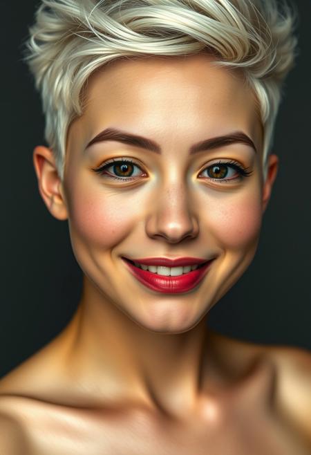 asian, pale skinned female.
Highly detailed hair and skin,  smiling, highly detailed,
very dry skin, curly hair.
tall female, toned body, athletic body.
Hazel eyes, maroon lips, pale skinned female, short hair.
Pixie cut, undercut.
thick thighs, oiled.