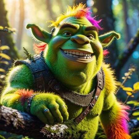 A photo of a rainbow colored smiling fluffy shrek on a moss covered branch, backlit, translucent, glow hyper realistic, natural soft rim light, cinematic lighting, concept art by arti stincent<lora:add-detail-xl:1> <lora:MJ52:0.5>