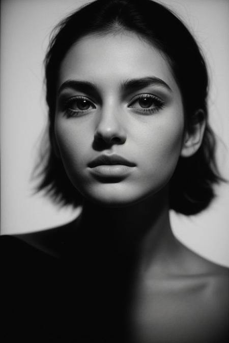 Beautiful 21 year Old woman diamond shaped face, cat eyes, dark eye shadow, high contrast bnw photo, analog film photo, deep shadow, grain