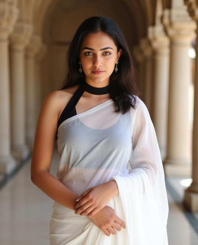  woman wearing a white saree and dark high neck halter blouse, she is in a temple with marble walls