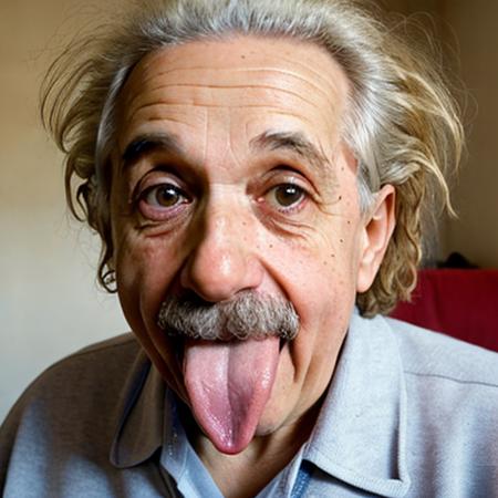 Portrait of Albert Einstein, detailed skin , wrinkles, blemishes, folds, moles, veins, pores, skin imperfection, freckles, acne, DSLR, RAW photograph,  <lora:tonguesAndMouthsLora_ftmV0:0.6>  long tongue