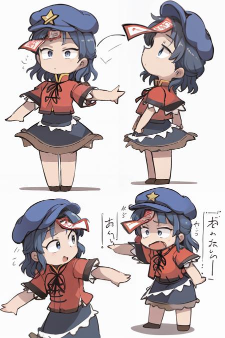 masterpiece, best quality, <lora:MiyakoYoshika:1>, <lora:style05:1>,multiple girls,multiple views,comic,koma,border,miyako yoshika, hat,star hat ornament,ofuda,blue hair,short hair,blue eyes,tangzhuang,red shirt,short sleeves, skirt,pale skin, jiangshi,zombie pose, outstretched arms, white background, (chibi:1.3)