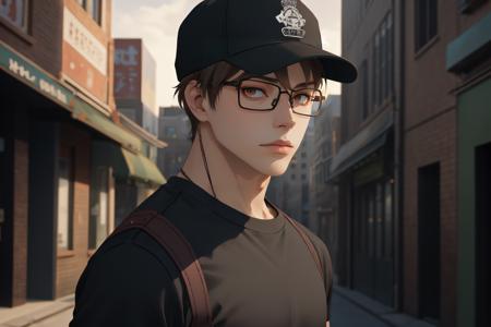 (1male:1.6),solo,male focus,25 year old,<lora:TakehisaHinawa:0.7>,(pale skin:1.3),glasses,[short hair],brown hair,brown eyes,handsome,hair in front of face,dramatic,Takehisa_Hinawa,looking at viewer,(best quality:1.4),[:intricate details:0.2],masterpiece,detailed background,semirealistic,(mood lighting:1.1),facing forward,black tshirt,brown suspenders,black baseball cap,