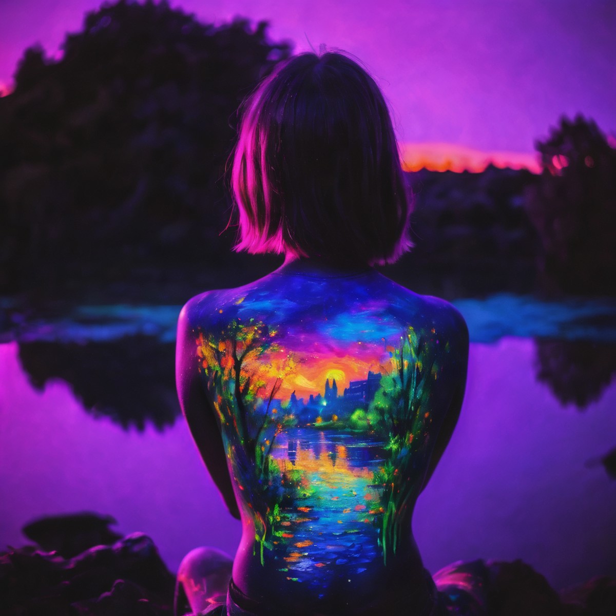 blacklight uv painted on the back of a girl depicting art in the style of monet