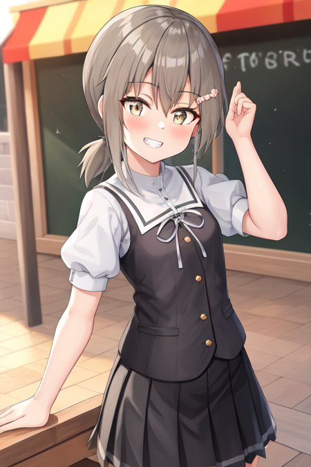 minowagin, 1girl, solo, black_skirt, brown_vest, facing_viewer, flower, grey_ribbon, grin, hair_between_eyes, hair_flower, hair_ornament, hairclip, head_tilt, low_ponytail, neck_ribbon, pink_flower, pleated_skirt, ponytail, puffy_short_sleeves, puffy_sleeves, ribbon, school_uniform, shirt, short_sleeves,skirt, smile, solo, vest, white_shirt, 