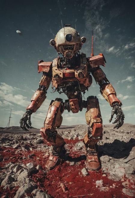 fisheye lens (fisheye view) photograph, ((Devil-Mech robotic assasin warrior on the moon)), militaristic echo image, blood splatters, emblem, echo image, sidelit, masterpiece from a different dimension, film grain, noise offset,  <lora:add-detail-xl:1>  candid photography, Getty Images quality photograph, cute and endearing photograph contrasted by violent mania , double exposure, multiple-exposure photograph, UHD, very slow shutter speed to capture motion, experimental coloured lighting, experimental angles, strong fisheye-lens/ intense fisheye-view photograph, intricately detailed, very detailed background, realisticvision-negative-embedding, realisticvision-negative-embedding, epiCRealism