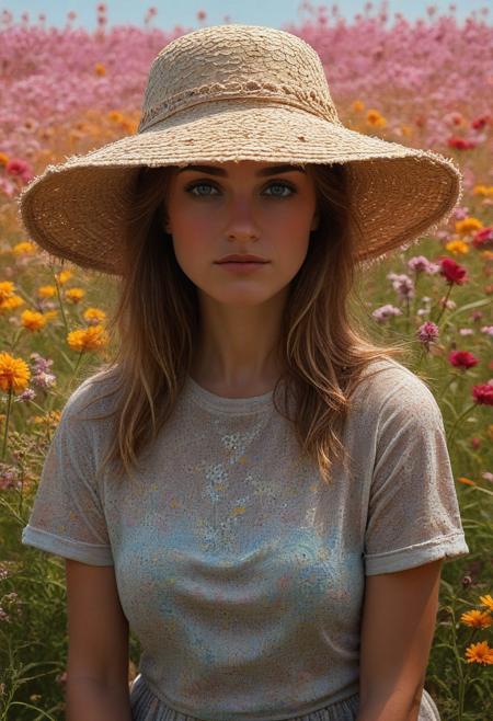 Create a hyperrealistic scene of a woman in a sun hat standing in a meadow filled with wildflowers, vibrant colors stretching to the horizon. Blend Marc Quinn’s hyperrealistic depiction of flowers, Don Eddy’s precision, and Roberto Bernardi’s focus on intricate textures. Capture the vivid beauty of the blossoms, the soft natural light, and the delicate detailing of the woman and her surroundings, ensuring a perfect balance of color, texture, and realism.

