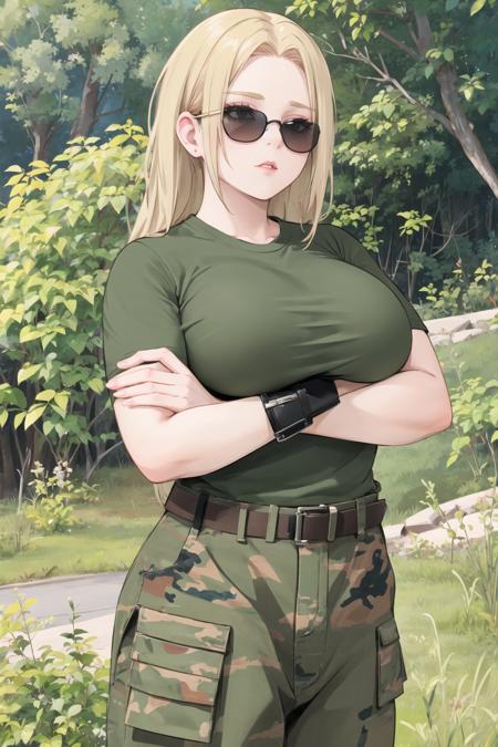 bootsnutes, <lora:bootsnutes3:0.6>, shirt tucked in, green shirt, t-shirt, camouflage pants, black belt, belt buckle, outdoors, crossed arms, sunglasses, large breasts, cowboy shot,